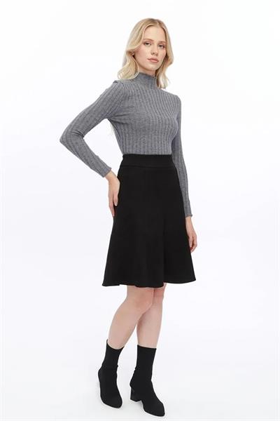 Apsen Kadın Siyah Kışlık Parçalı Midi Boy Kloş Süet Etek 2154-60 
