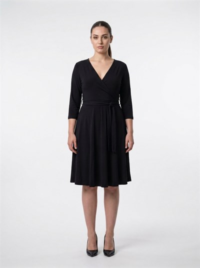 Apsen Kadın Siyah Kruvaze Yaka Kuşaklı Midi Boy Ofis Günlük Elbise 4355-110