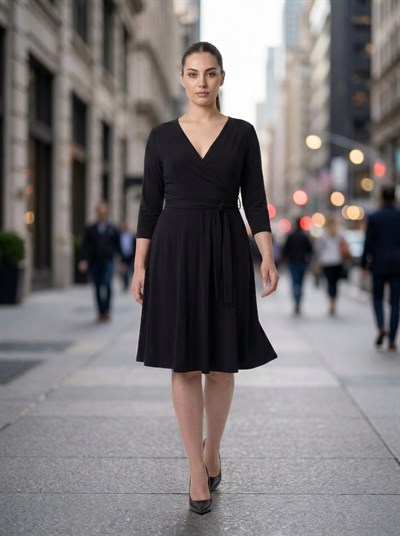 Apsen Kadın Siyah Kruvaze Yaka Kuşaklı Midi Boy Ofis Günlük Elbise 4355-110