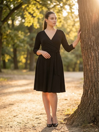 Apsen Kadın Siyah Kruvaze Yaka Kuşaklı Midi Boy Ofis Günlük Elbise 4355-110