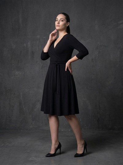 Apsen Kadın Siyah Kruvaze Yaka Kuşaklı Midi Boy Ofis Günlük Elbise 4355-110