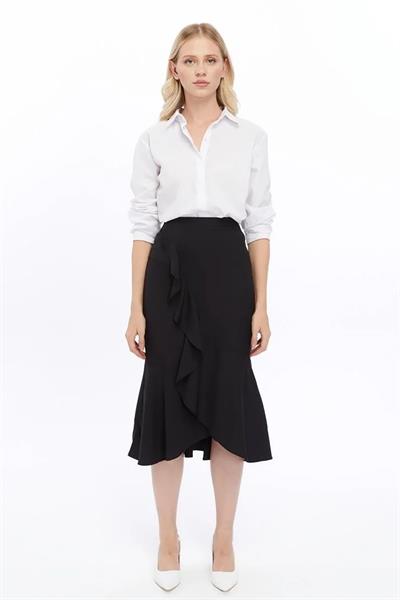 Apsen Kadın Siyah Mevsimlik Volanlı Midi Boy Krep Etek 2123-80 