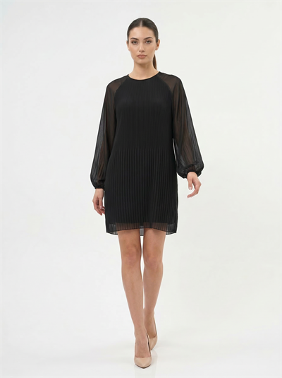 Apsen Kadın  Siyah Pilise Detaylı Zarif Şifon Midi Elbise 4492-100