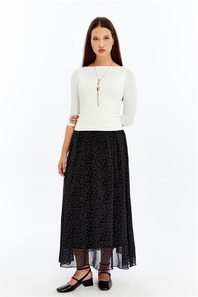 Apsen Kadın 2201/95 Siyah Puantiyeli  Astarlı Şifon Uzun Boy Dokuma Etek