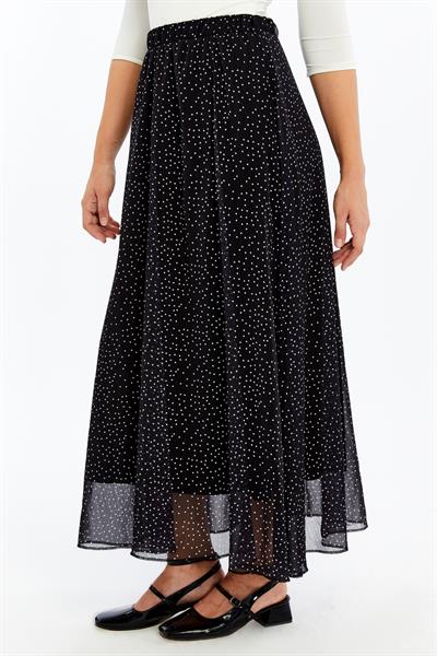 Apsen Kadın 2201/95 Siyah Puantiyeli  Astarlı Şifon Uzun Boy Dokuma Etek