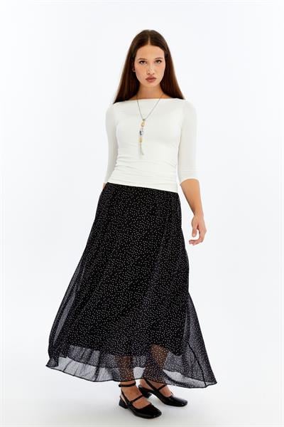 Apsen Kadın 2201/95 Siyah Puantiyeli  Astarlı Şifon Uzun Boy Dokuma Etek