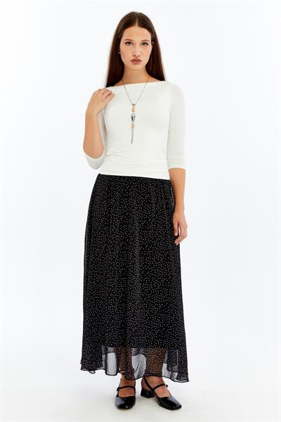 Apsen Kadın 2201/95 Siyah Puantiyeli  Astarlı Şifon Uzun Boy Dokuma Etek