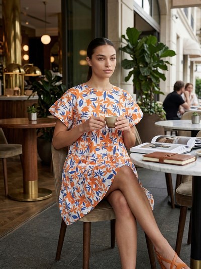 Apsen 4409-90 Kadın Turuncu Beyaz Çiçekli Geniş Kesim Mini Dokuma Elbise 