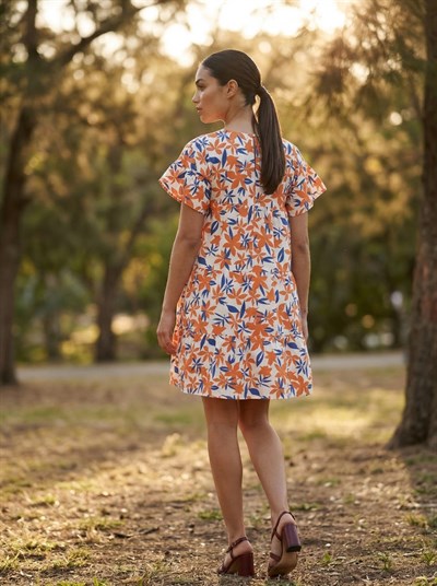 Apsen 4409-90 Kadın Turuncu Beyaz Çiçekli Geniş Kesim Mini Dokuma Elbise 
