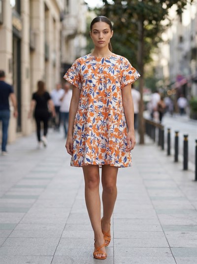 Apsen 4409-90 Kadın Turuncu Beyaz Çiçekli Geniş Kesim Mini Dokuma Elbise 