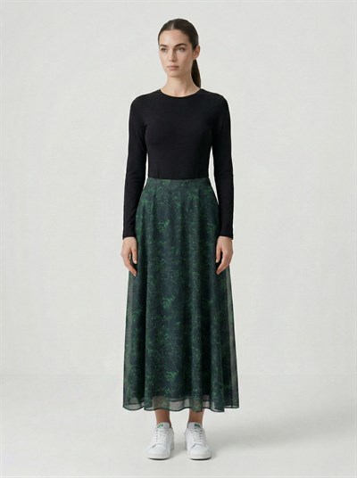 Apsen Kadın Yeşil Çiçek Desenli Beli Lastikli Astarlı Uçuşan Şifon Maksi Etek 2204-100