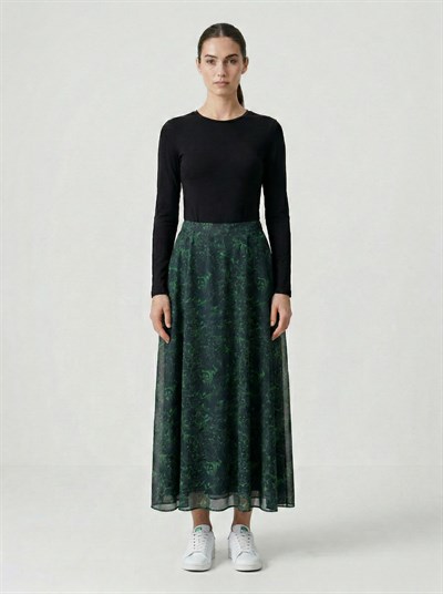 Apsen Kadın Siyah Yeşil Çiçek Desenli Beli Lastikli Astarlı Uçuşan Şifon Maksi Etek 2204-90