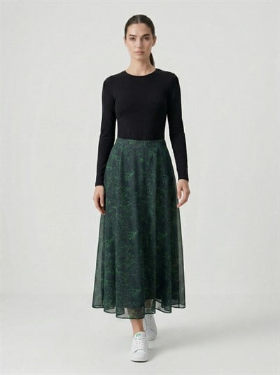 Apsen Kadın Yeşil Çiçek Desenli Beli Lastikli Astarlı Uçuşan Şifon Maksi Etek 2204-100