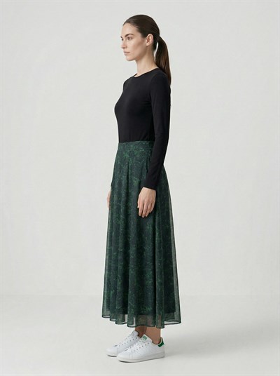 Apsen Kadın Yeşil Çiçek Desenli Beli Lastikli Astarlı Uçuşan Şifon Maksi Etek 2204-100