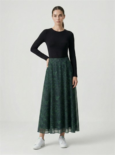 Apsen Kadın Siyah Yeşil Çiçek Desenli Beli Lastikli Astarlı Uçuşan Şifon Maksi Etek 2204-90