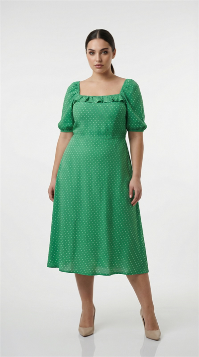 Apsen Kadın Yeşil Puantiyeli Kare Yaka Fırfır Detaylı Balon Kol A-Kesim Midi Elbise