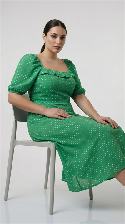 Apsen Kadın Yeşil Puantiyeli Kare Yaka Fırfır Detaylı Balon Kol A-Kesim Midi Elbise