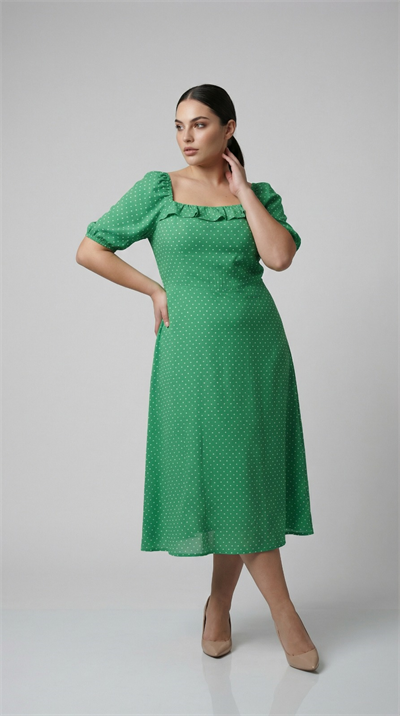 Apsen Kadın Yeşil Puantiyeli Kare Yaka Fırfır Detaylı Balon Kol A-Kesim Midi Elbise