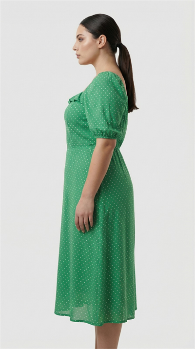 Apsen Kadın Yeşil Puantiyeli Kare Yaka Fırfır Detaylı Balon Kol A-Kesim Midi Elbise