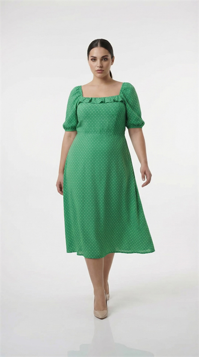 Apsen Kadın Yeşil Puantiyeli Kare Yaka Fırfır Detaylı Balon Kol A-Kesim Midi Elbise