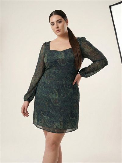 Apsen Kadın Yeşil Şal Desenli Kare Yaka Uzun Kol Mini Elbise 4517-100