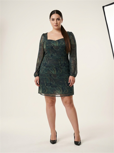 Apsen Kadın Yeşil Şal Desenli Kare Yaka Uzun Kol Mini Elbise 4517-100