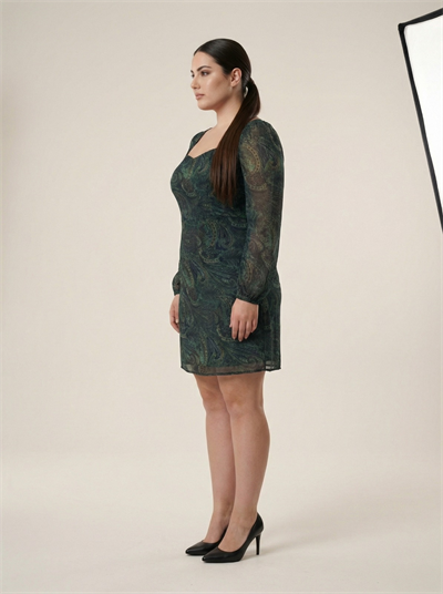 Apsen Kadın Yeşil Şal Desenli Kare Yaka Uzun Kol Mini Elbise 4517-100