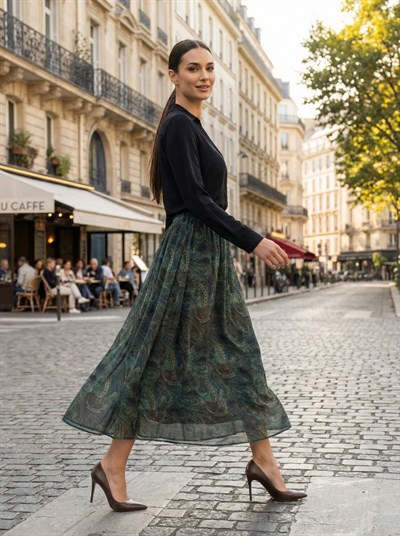 Apsen Kadın Yeşil Şal Desenli Yüksek Bel Lastikli Dökümlü A-Kesim Maksi Etek 2204-90