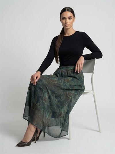 Apsen Kadın Yeşil Şal Desenli Yüksek Bel Lastikli Dökümlü A-Kesim Maksi Etek 2204-90