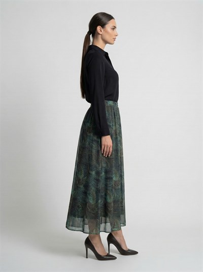 Apsen Kadın Yeşil Şal Desenli Yüksek Bel Lastikli Dökümlü A-Kesim Maksi Etek 2204-90