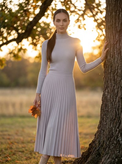 Apsen Kadın Zarif Açık Gri Piliseli Klasik Midi Etek 2205-100