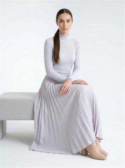 Apsen Kadın Zarif Açık Gri Piliseli Klasik Midi Etek 2205-100