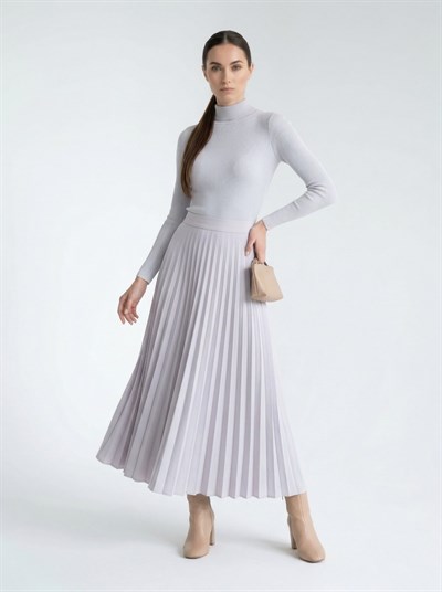 Apsen Kadın Zarif Açık Gri Piliseli Klasik Midi Etek 2205-100