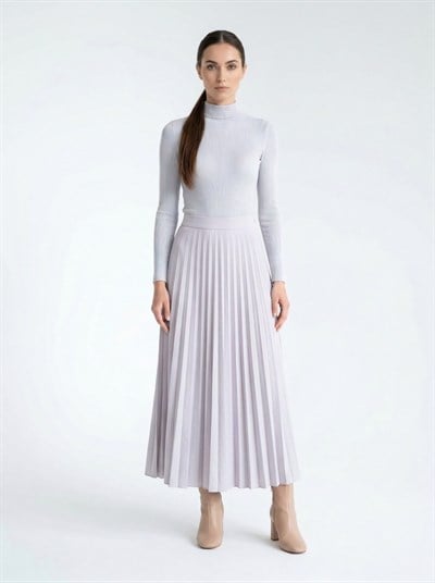 Apsen Kadın Zarif Açık Gri Piliseli Klasik Midi Etek 2205-100