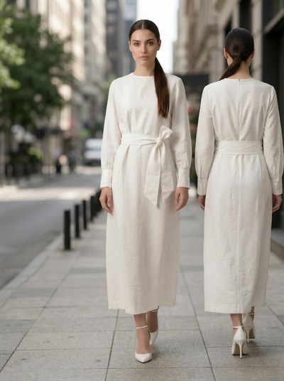 Apsen Kadın Zarif Minimalist Beyaz Kuşaklı Uzun Keten Elbise 4527-135