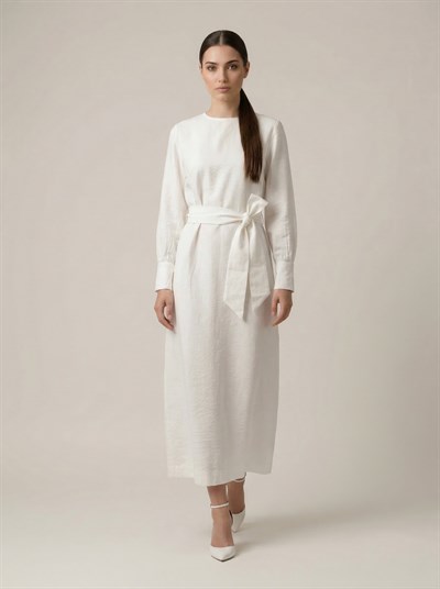 Apsen Kadın Zarif Minimalist Beyaz Kuşaklı Uzun Keten Elbise 4527-135