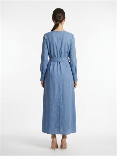 Apsen Kadın Zarif Minimalist Mavi Kuşaklı Uzun Keten Elbise 4527-135