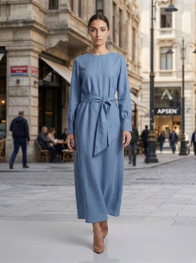 Apsen Kadın Zarif Minimalist Mavi Kuşaklı Uzun Keten Elbise 4527-135