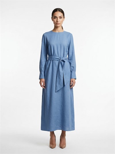 Apsen Kadın Zarif Minimalist Mavi Kuşaklı Uzun Keten Elbise 4527-135