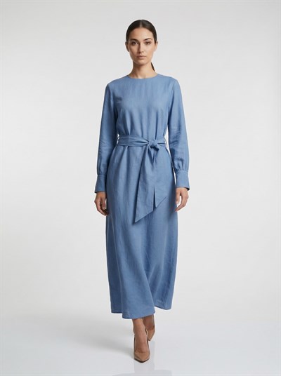Apsen Kadın Zarif Minimalist Mavi Kuşaklı Uzun Keten Elbise 4527-135