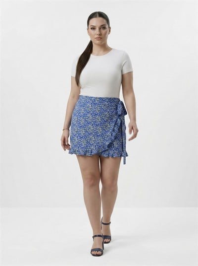ApsenKadın Mavi Çiçek Desenli Yüksek Bel Fırfır Detaylı Bağlamalı Kruvaze Mini Etek Şort 361-47