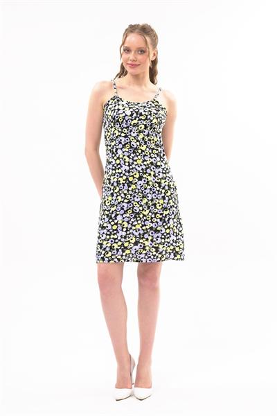 Kadın Askılı Desenli büzgü detaylı Yazlık kısa Elbise 4429/95