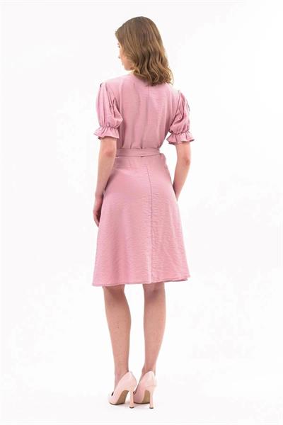 Apsen  Kadın Pudra Kuşaklı Düğmeli Yeni Sezon V Yaka Elbise 4366-115