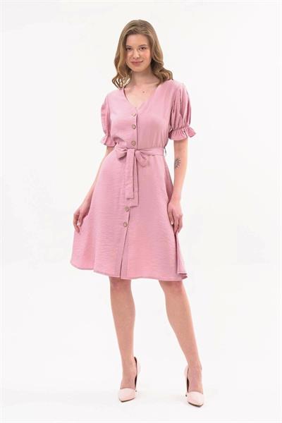 Apsen  Kadın Pudra Kuşaklı Düğmeli Yeni Sezon V Yaka Elbise 4366-115