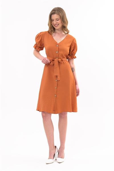 Apsen  Kadın Kiremit Kuşaklı Düğmeli Yeni Sezon V Yaka Elbise 4366-115