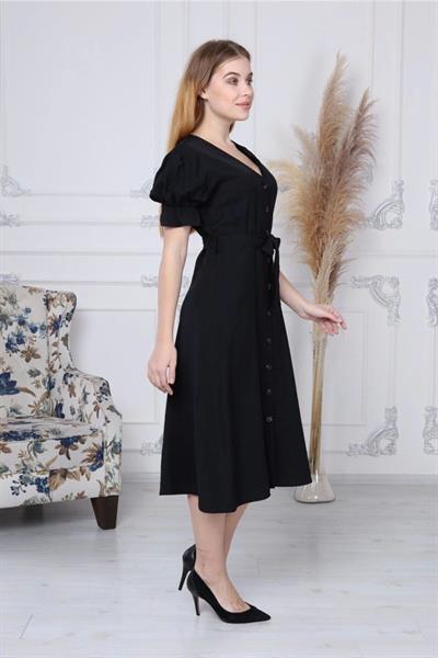 Apsen  Kadın Siyah Kuşaklı Düğmeli Yeni Sezon V Yaka Elbise 4366-115