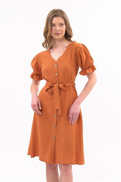 Apsen  Kadın Kiremit Kuşaklı Düğmeli Yeni Sezon V Yaka Elbise 4366-115