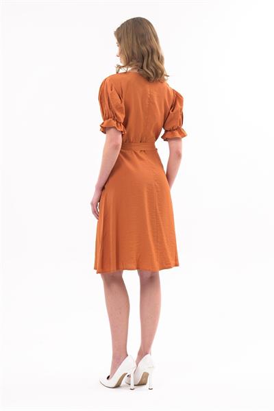Apsen  Kadın Kiremit Kuşaklı Düğmeli Yeni Sezon V Yaka Elbise 4366-115