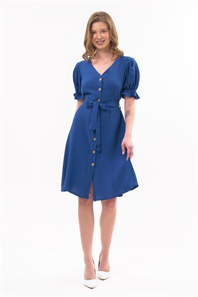 Apsen  Kadın Saks Kuşaklı Düğmeli Yeni Sezon V Yaka Elbise 4366-115