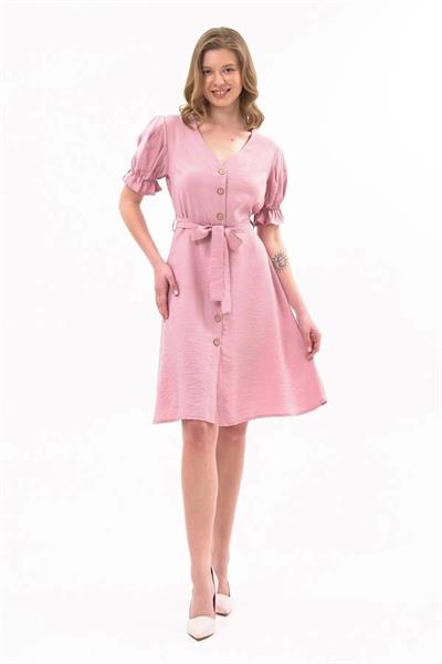Apsen  Kadın Pudra Kuşaklı Düğmeli Yeni Sezon V Yaka Elbise 4366-115